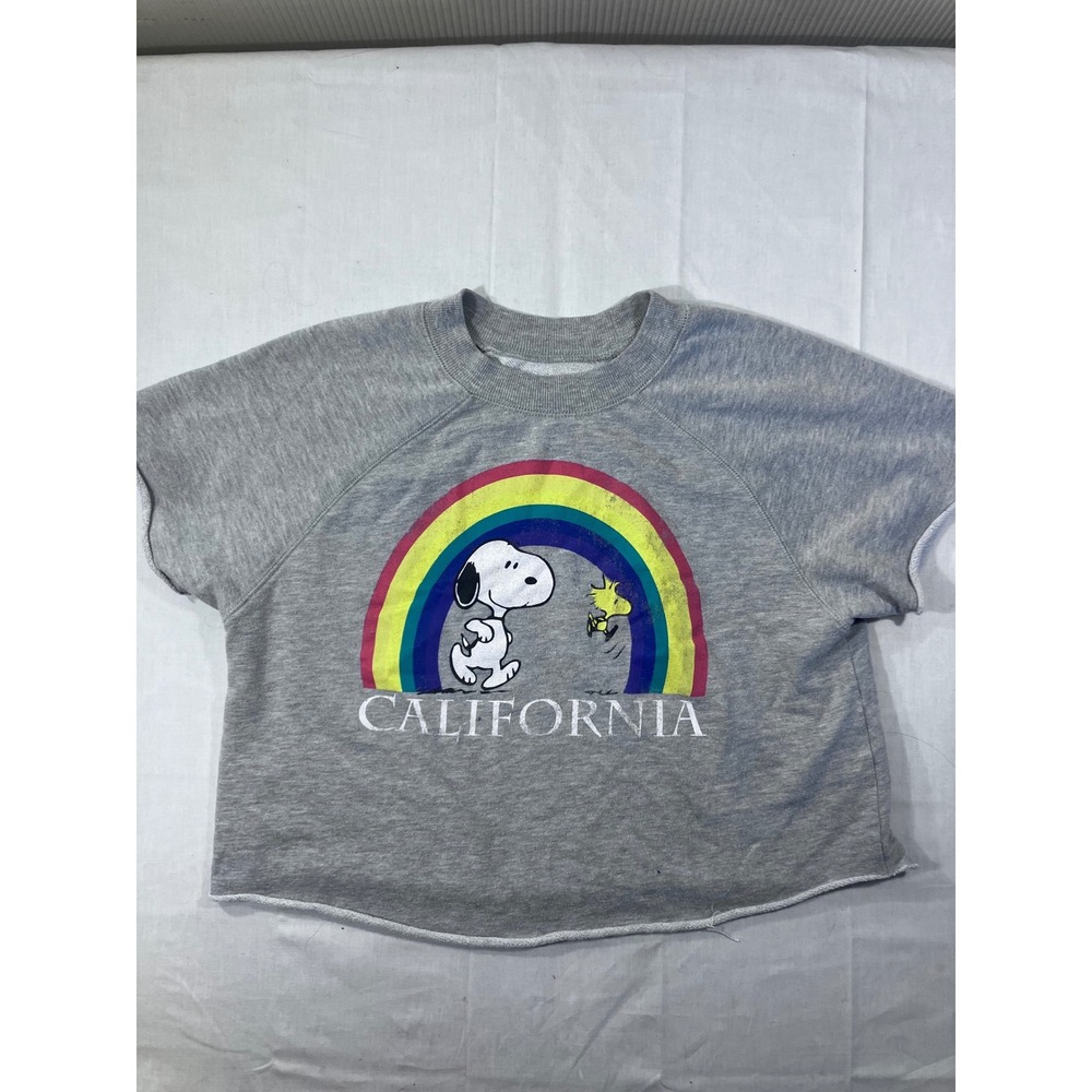 Snoopy‎ Woodstock California Cropped Sweatshirt Grey Rainbow Graphic Raw Hem